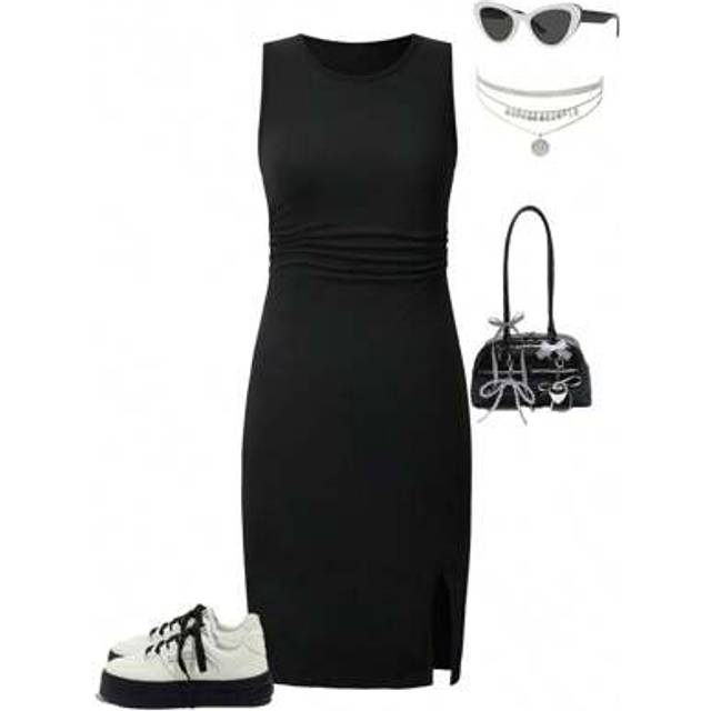 SHEIN Fashionable Sleeveless Round Neck Slim Fit Split Maxi Dress For Tween Girls, Casual Street Style, Black Fitted Girl Dress Black Teen Dresses