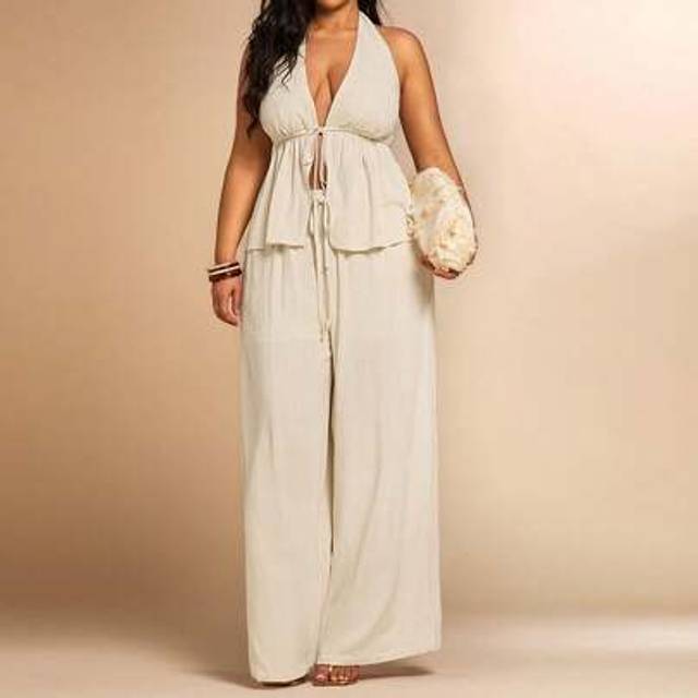 SHEIN Plus Size Women&#39;s Summer Solid Color Knot Front Backless Halter Top And Wide Leg Pants Set, Beach/Holiday Suit, 2 Pieces Summer OutfitSummer Outfits F