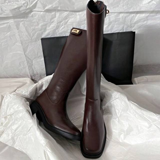 SHEIN 2024 New Mid-Heel Faux Leather Knee High Motorcycle Boots, Minimalist & Versatile