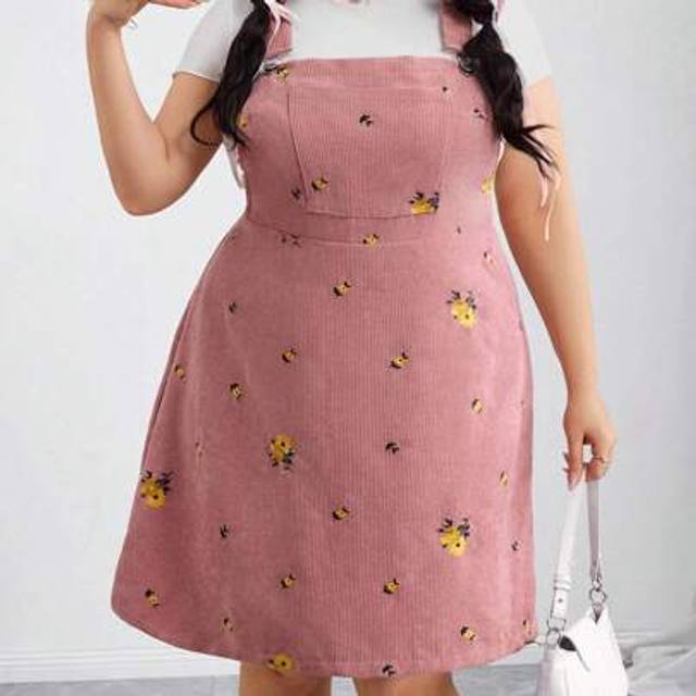 SHEIN Plus Size Vintage Pink Corduroy Embroidered Flower Pinafore Dress, With Attached Dress