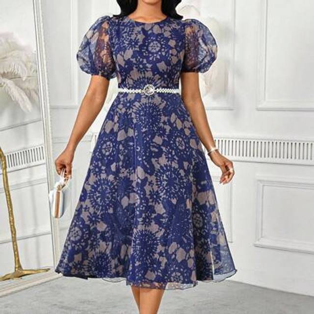 SHEIN Elegant Vintage Work Wedding Cocktail Party Colorful Knitted Chiffon Round Neck Bishop Sleeve A Line Dress Plus Size Dresses Prom Dress
