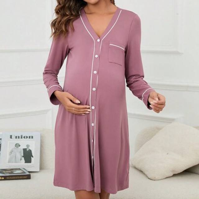 SHEIN Maternity Contrast Piping Pocket Patched Button Front Nightdress For Mother