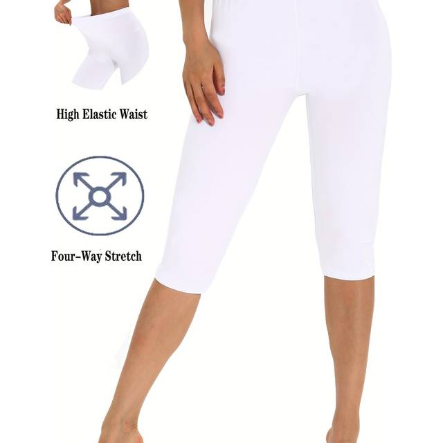 TEMU Women's High-elastic Waist Yoga Capri Leggings - Soft, Breathable, Stretchy Fabric, Seamless Solid For Fitness & Sports, Capri Leggings