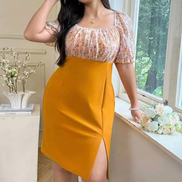 SHEIN Plus Size Women Patchwork Ditsy Floral Raglan Sleeve Side Split Hem Elegant Midi Dress  Teacher Outfits For Women Business Casual Woman  Office Outfit