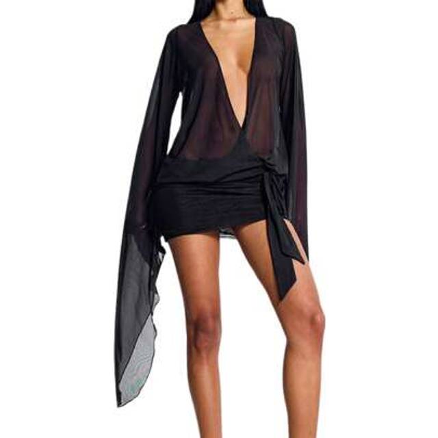 SHEIN Women Mini Dress, Long Sleeve V Neck Backless Solid Color Sheer Dress Cocktail Dress