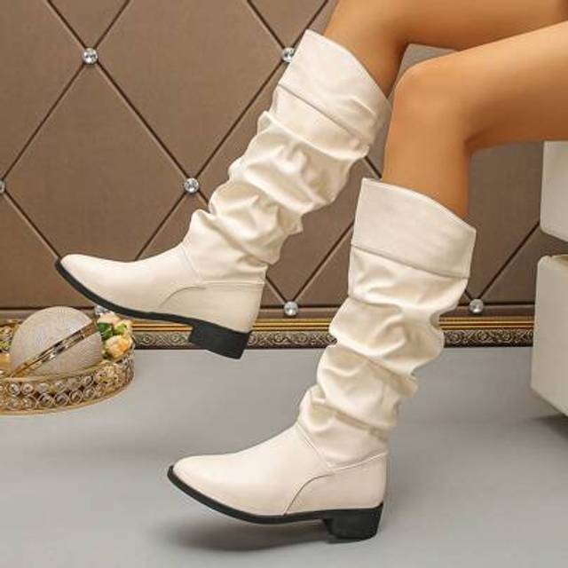 SHEIN 2024 New Women&#39;s Tall Boots Low Heel Flat Non-Slip Suede Over-The-Knee Mid-Calf Boots Vintage Pleated Western Riding Boots