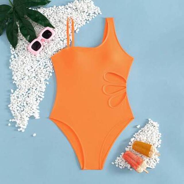 SHEIN Pre-Teen & Teen Girls 12-16 Years New Summer Swimsuit. One-Piece Swimsuit With Asymmetric Design, Waist Cutout Petal Detail, Spaghetti Strap, Solid Bl