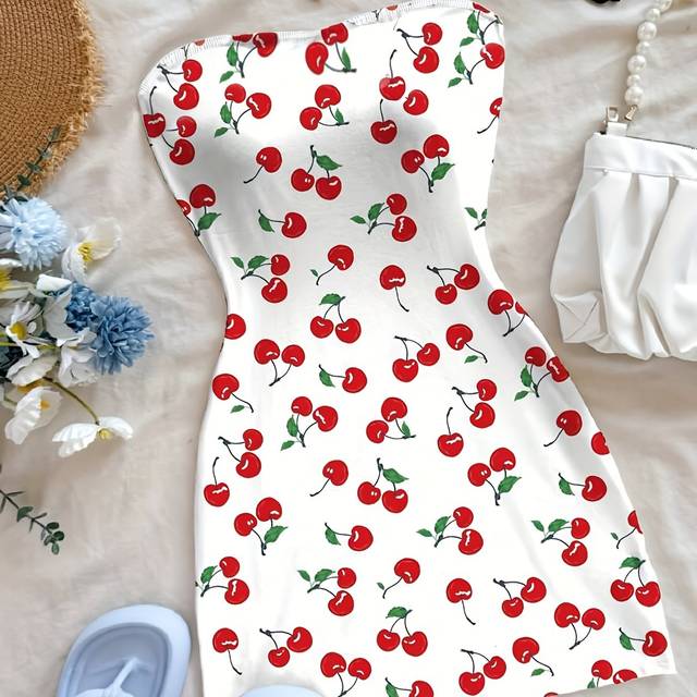 TEMU Women's Cherry Print Mini Dress - Cute Ruched Bodice, Sleeveless A-line Skirt, Black With Red Cherries & Green Leaves, Vacation, Attire | Cherry Print Dress | Trendy Mini Skirt