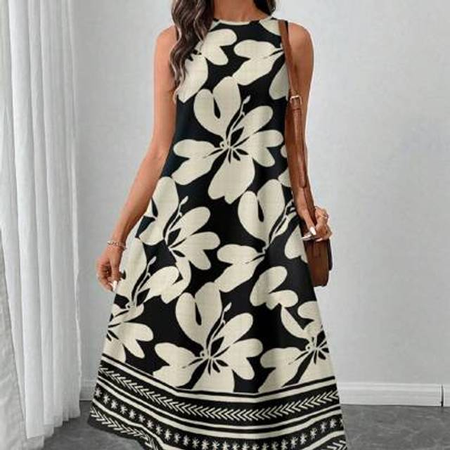 SHEIN Women&#39;s Black & Beige Casual Vacation Geometric Stripe & Floral Print Mid-Length Dress, Suitable For Spring & Summer Women Midi Dress Floral Midi Dres