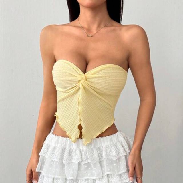 SHEIN Women&#39;s Holiday Goose Yellow Knitted Texture Tube Top With Mid-Front Knotted Slit And Wave Edge Slim Fit Top Afternoon Tea Street Vacation Autumn And