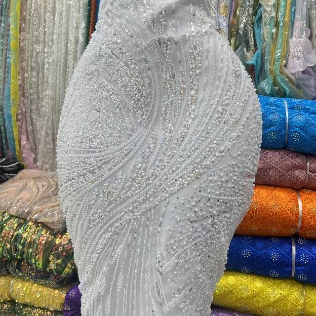 TEMU 1 Yard Sequin & Beaded Lace Fabric - Elegant Geometric Pattern For Party Dresses, Wedding Gowns & African Ethereal Attire | Only | Polyester Blend | Ideal For Diy Crafts & Tailoring