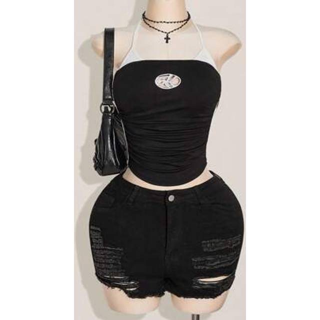 SHEIN Plus Size Women Y2k Going Out Casual Gym Women Clothes Contrast Color Tie-Back Neck Sleeveless Tank Top,Sporty Style Everyday Wear