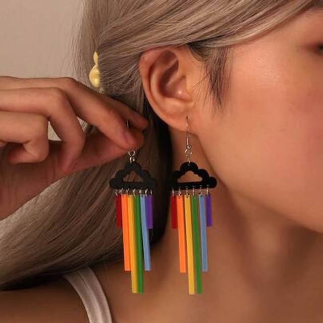 SHEIN 1pair Happy Celebration Acrylic Colorful Stick Cloud Pendant Earrings Suitable For Female Women Girls LGBT Lover Party Pride Month Jewelry Accessories