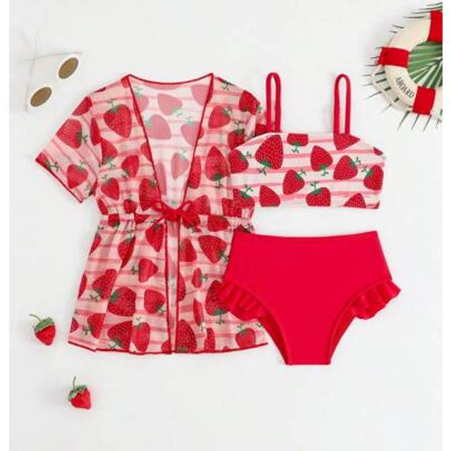 SHEIN 3pcs/Set Baby Girl Strawberry Print Beach Set With Kimono Cover-Up Girls Summer Clothes Baby Girls Sets Summer Clothes For Girls Summer Outfits For Gi