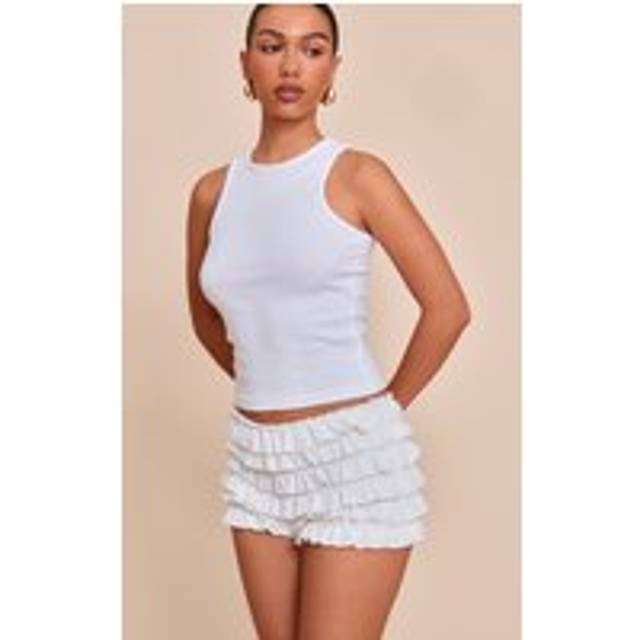 White Linen Blend Low Rise Bloomer Shorts, White - 12