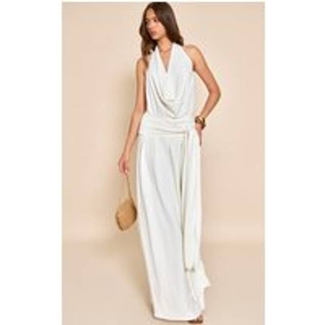 Cream Floaty Woven Cowl Neck Low Back Maxi Dress, White - 4