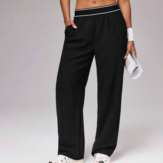 SHEIN Women&#39;s Black Active Pants Long Zippered Wide-Leg Design With Pockets For Comfortable Workouts Wide Leg Pants