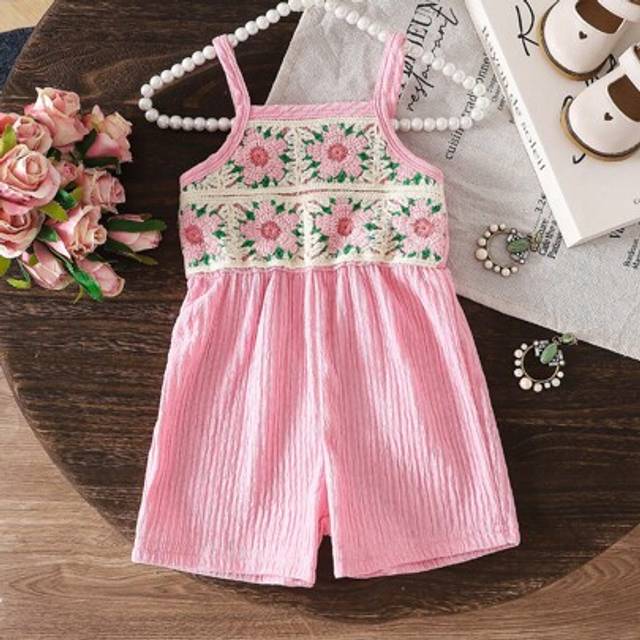 SHEIN Baby Girls 2025 Summer New Casual Vacation Style Crocheted Patchwork Strap Romper