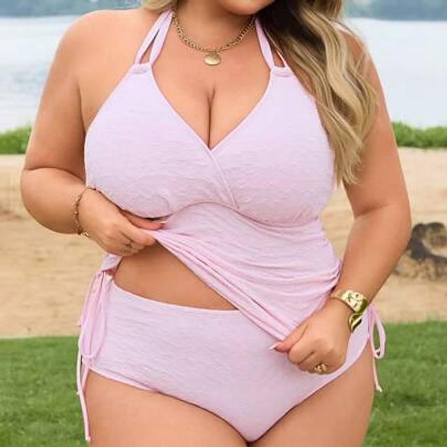 SHEIN Plus Size Women&#39;s Tie-Front Halter Neck Summer Beach Tankini Set