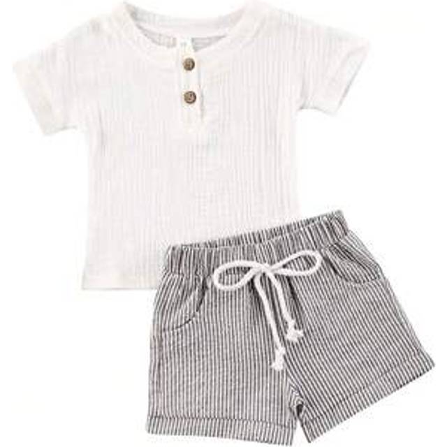 SHEIN Newborn Baby Summer Clothes Set Solid Color Short Sleeve T-Shirt+Stripe Drawstring Shorts Kids 2Pcs Casual Outfits