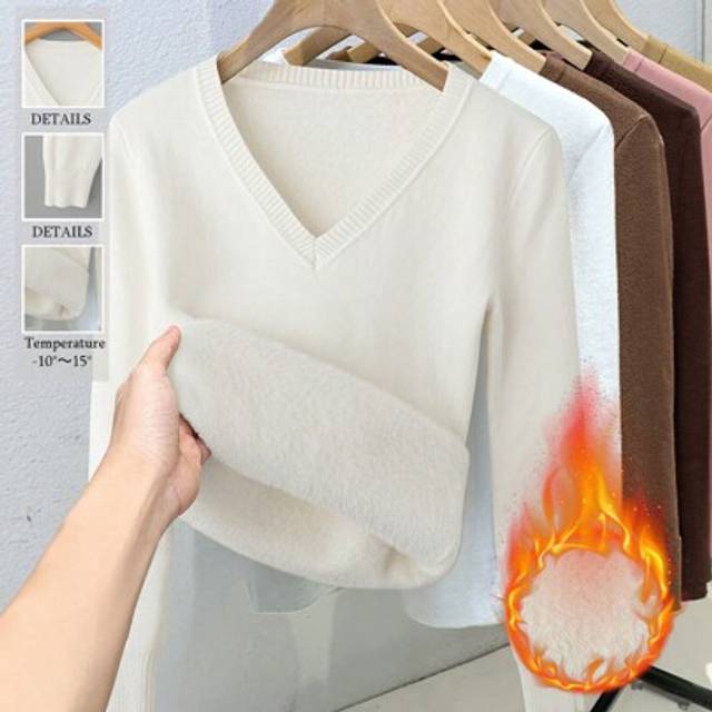 Franclia Women Casual Solid Color Thermal Lined V-Neck Long Sleeve Pullover Sweater, Autumn/Winter