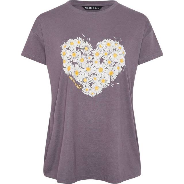 Yours Curve Purple Daisy Heart Print Tshirt, Women's Curve & Plus Size, Yours - 22-24