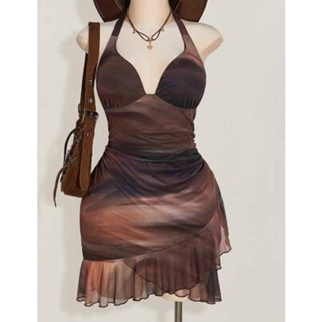 SHEIN Plus Size Y2K Halter Tie, Ruffle Trim, Sexy Vintage Ombre Mesh Slip Dress, Perfect For Vacation And Summer