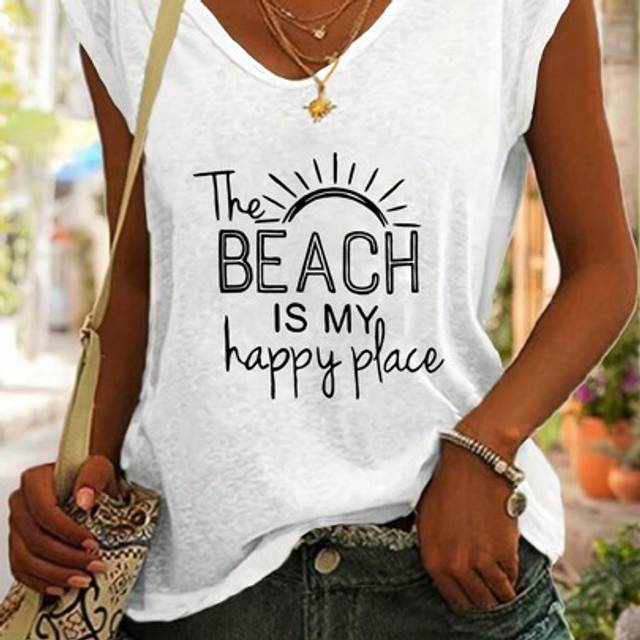 SHEIN Summer Outfits V-Neck Letter Print Batwing Sleeve Casual Beach Tee