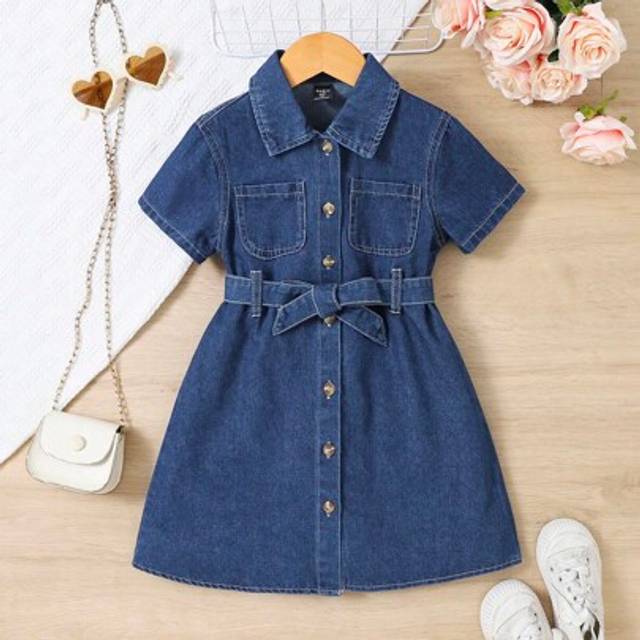 SHEIN Young Girl Versatile Comfortable Lady-Like Fashion Washed Soft Non-Stretch Casual Short Sleeve Denim Dress, Lightweight Summer