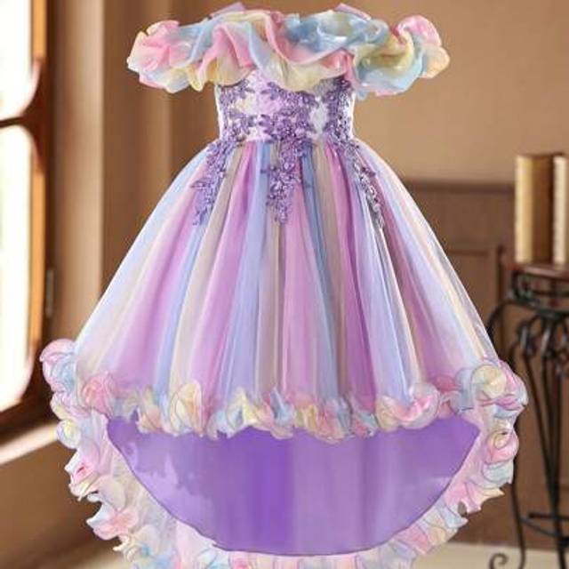 SHEIN Girls&#39; Summer Dress Children Wedding Formal Gown Trailing Princess Dress Flower Girl Tulle Party Tutu