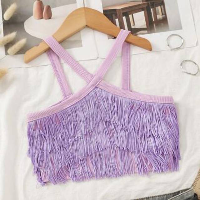 SHEIN Young Girls T-Shirts, 2025 Spring & Summer New Arrival, Multi-Layered Tassel Design, Criss-Cross Strap To Showcase Personalized & Charm, Suitable For