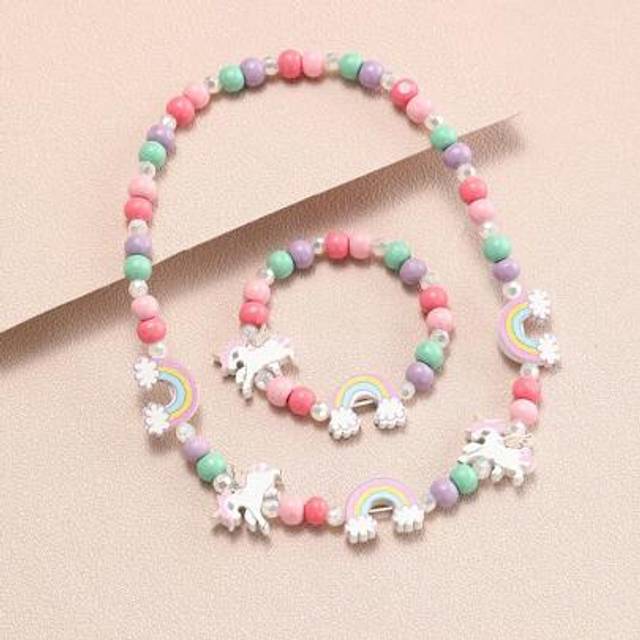 SHEIN 2Pcs Children Girls Wooden Unicorn Rainbow Charm Necklace With Bracelet Set For Little Princess Daily Wear Party Kids Gifts