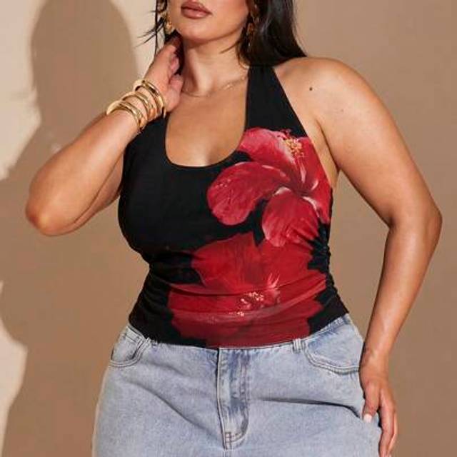 SHEIN Plus Size Ladies Summer Halter Neck Floral Tops/Summer Tops/Music Festival/Beach Vacation Tops,Black Top,4th Of July Clothes,4th Of July Outfits,Summe