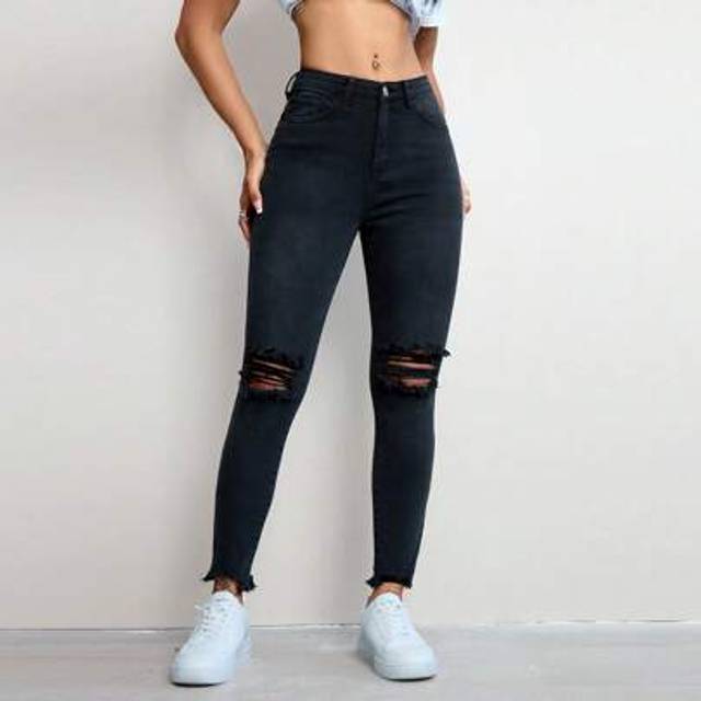 SHEIN Simple Solid Front Button Ripped Pockets Casual Denim Pants, Daily Wear