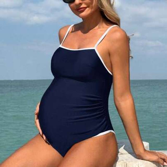 SHEIN Pregnant Women&#39;s Elegant Resort Monochrome Maternity One-Piece Swimsuit