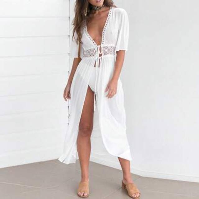 SHEIN Women Bikini Cover Up, Solid Color Hollow Waist Short Sleeve Long Cover Up, Cardigan Straps Tie Loose Dress For Swimming Wears
