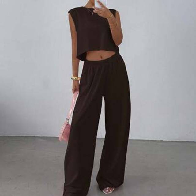 SHEIN Women&#39;s Coffee Brown Round Neck Casual Loose Top & Pants Set