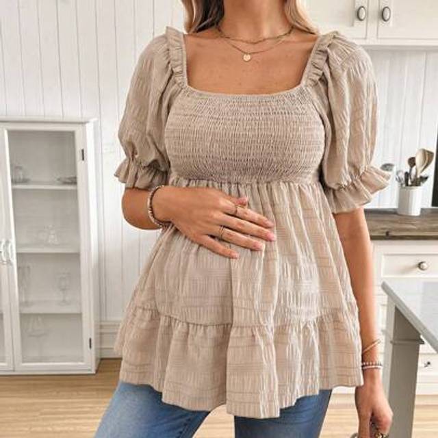 SHEIN Maternity Casual Solid Color Puff Sleeve Blouse, Summer