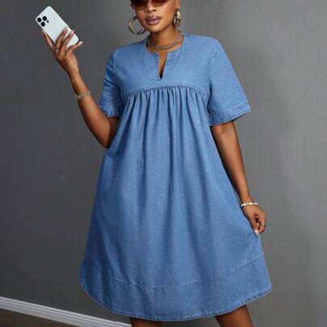 Slaydiva Plus Size Women Summer V-Neck Short Sleeve Denim Smock Dress  Plus Size Denim Dress Plus Size Jean Dress Plus Denim Dress Summer Dress Vacation Outfit