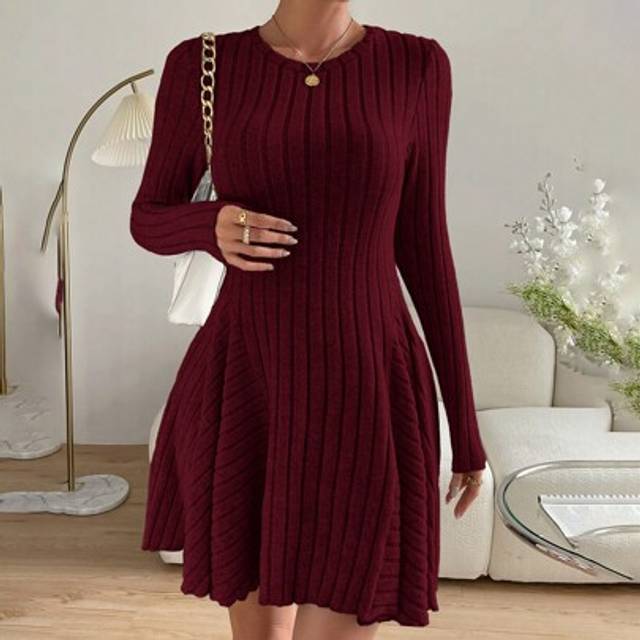 SHEIN Valentine&#39;s Day Women&#39;s Solid Color Round Neck Ribbed Casual Short Long Sleeve Mini Dress/Burgundy,New Years Women Outfit ,New Years Women Dress,New Y