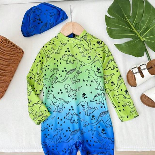 SHEIN 2 Pcs Young Boys Casual Sporty Comfortable & Fashionable Gradient Dinosaur Graphic Swimsuit With Cap, Practical & Versatile, Suitable For Spring & Sum