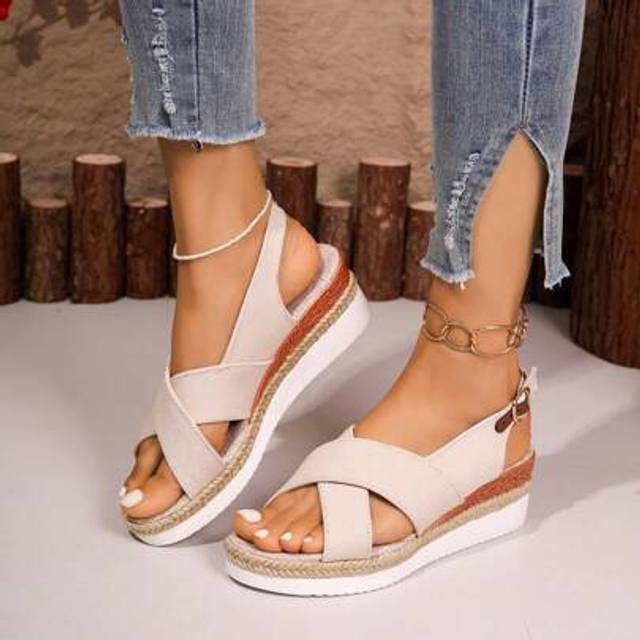 SHEIN 2025 Women&#39;s Fashionable Outdoor Beach Resort Wedge Sandals, Open Toe Versatile Dress Sandals With Color Blocking, Strap Chunky Platform High Heels Fo