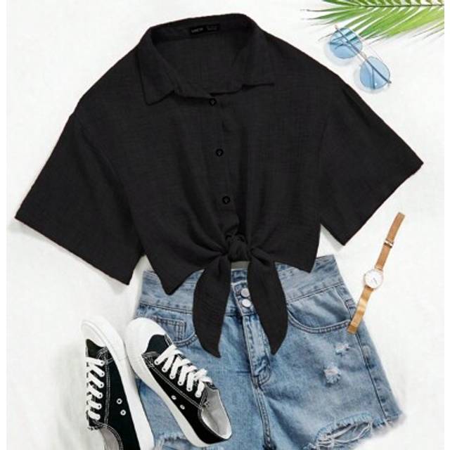 Chiquease Summer Solid Color Tie Front Cropped Shirt