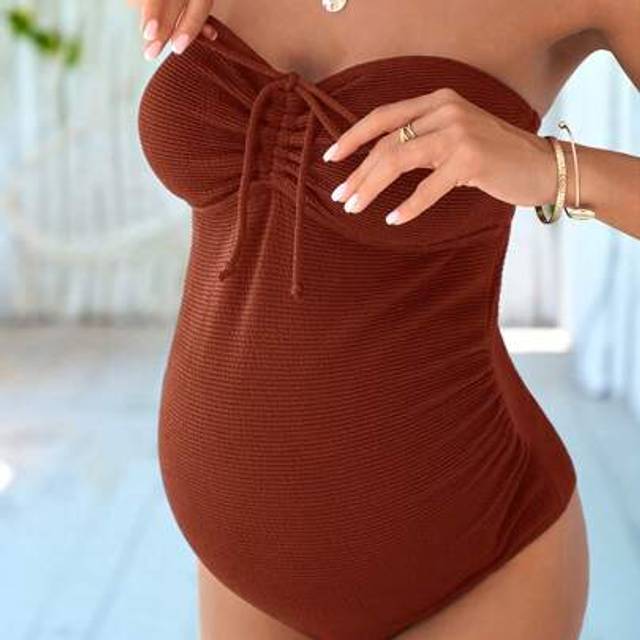 SHEIN Maternity Solid Color Front Drawstring One-Piece Bandeau Swimsuit