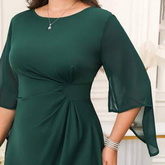 SHEIN Curve Plus Size Summer Elegant Chiffon Sleeves Waist Gathering Dress,Dark Green Dress,Suitable For Summer,Formal Dresses For Women,Summer Dresses For