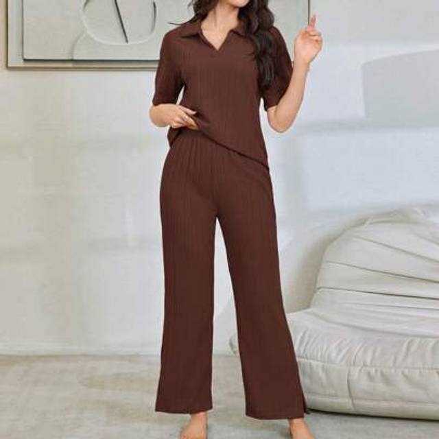 SHEIN Women&#39;s Casual Ribbed Turn-Down Collar Top & Pants Pajama Set Outfit