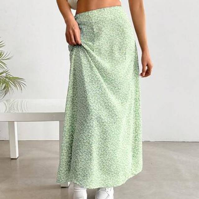 SHEIN Women High Waisted Long Ditsy Floral Casual Skirt, Lime Green
