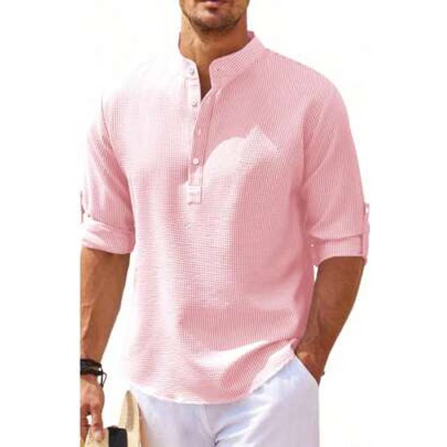 SHEIN Men&#39;s Long Sleeve Henley Shirt Button Down Collar Striped Plaid Design Casual Comfort Soft Fabric Daily Wear Summer Beach Vacation Fashion Breathable