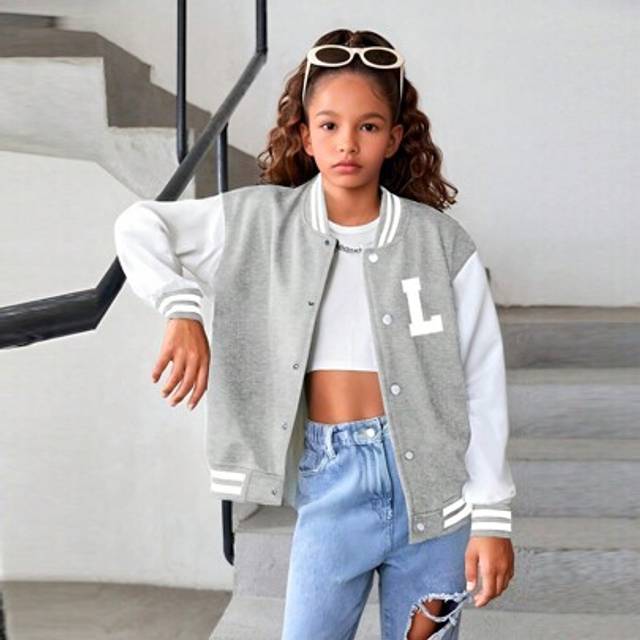 SHEIN 1pc Girls Casual Vintage Solid Color L-Decor Ribbed Bomber Jacket, Suitable For Teens And Teen Girl, Spring Autumn Winter