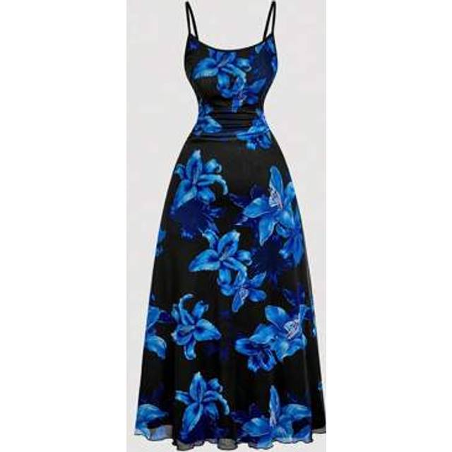 SHEIN Plus Size Retro Navy Blue & Burgundy Plus Size Floral Pattern Elegant Mesh Strap Dress Blue Lily Print Dress